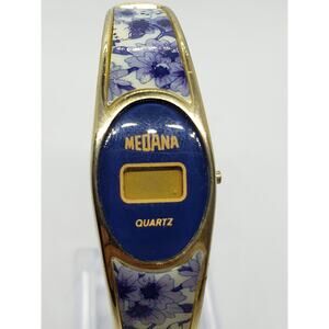 Medana women's digital watch. Blue flowered bangle band, blue ad gold face